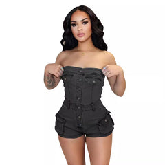 LIZAKOSHT - PopularGirl 2024 Summer New Denim Jumpsuit F88554 Tube Top Stretch One-Piece Shorts
