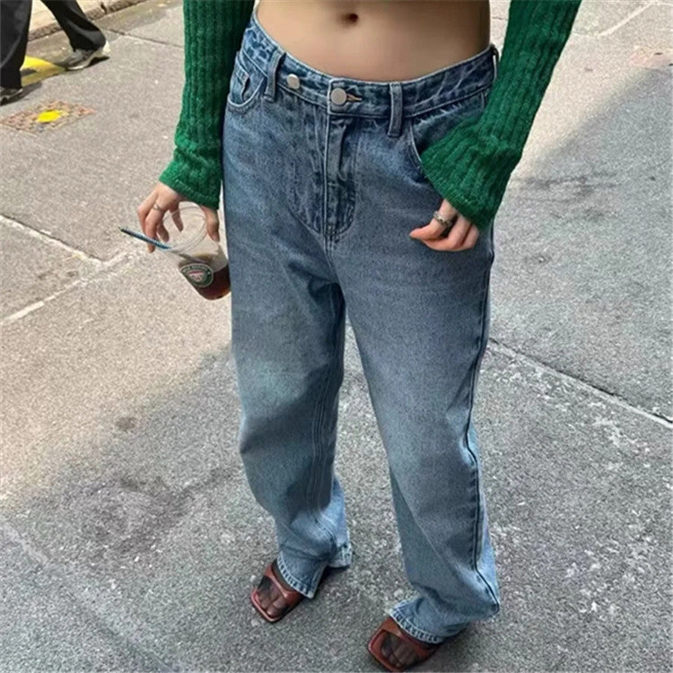 2000s fashion Washed Split Jeans for Women Autumn and Winter New American Retro Slimming Loose High Waist Straight Trousers