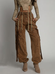 LIZAKOSHT - American Retro Washed Distressed Jeans Spring and Autumn Women's Fashion Niche Ribbon Design Multi-pocket Overalls