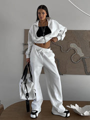 LIZAKOSHT - European and American Spring and Summer New Casual Sports Short Sweater Suit Women's Spring and Autumn Loose and Comfortable Striped Trousers Two-piece Suit