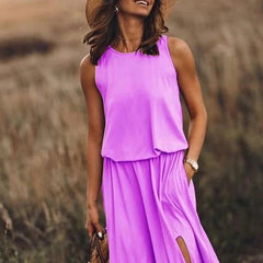 LIZAKOSHT - 2024 Summer European and American Women's Clothing Trend Retro Round Neck Sleeveless Slit Solid Color Two-piece Dress