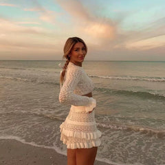 LIZAKOSHT - college halloween costume ideas Women's Spring and Summer Knitted Suit Break Sexy Hot Girl Long-Sleeved Short Top Hot Pants Two-Piece Set