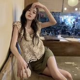 LIZAKOSHT - Women's Rhinestone Decor Hollow Out Button Front Ruffle Hem Cardigan, Boho Butterfly Sleeve Round Neck Knitwear for Summer, Fashion Women's Knit Clothing for Daily Wear