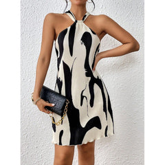 LIZAKOSHT - Women's Abstract Print Halter Ribbed Dress, Fashion Sleeveless Short Dress, Ladies Dresses for Summer