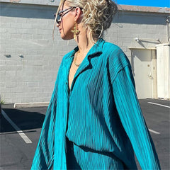 LIZAKOSHT - Women's Button Front Blouse & Elastic Waist Pants Set Without Cami Top, Co-ord Sets, Two Piece Sets, Drop Shoulder Long Sleeve Top & Wide Leg Trousers For Spring & Fall, Women's Clothes