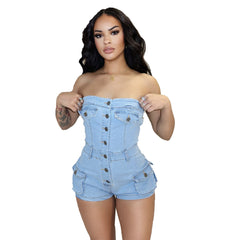 LIZAKOSHT - PopularGirl 2024 Summer New Denim Jumpsuit F88554 Tube Top Stretch One-Piece Shorts