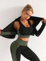 LIZAKOSHT - Women's Colorblock Zip Up Shapewear Set, Lady Casual Long Sleeve Crop Jacket & High Waist Leggings & Bra Suits for Outdoor Wear, Women's Comfort Shapewear Set for Spring & Fall & Summer, Womenswear
