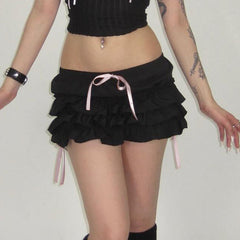 LIZAKOSHT - Women's Bow Decor Frill Trim Tiered Layer Skirt, Solid Color Drop Waist Mini Skirt, Ladies Summer Bottoms for Party Club Dating