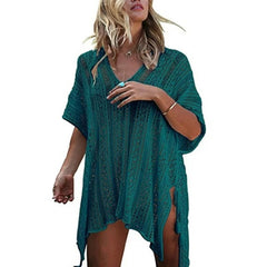 LIZAKOSHT - Women's Hollow Out Asymmetrical Split Hem Crochet Cover Up, Boho V Neck Batwing Sleeve Lace Up Fringe Decor Cover Up, Summer Clothes for Beach Vacation