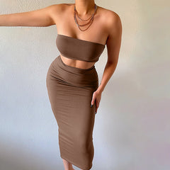 LIZAKOSHT - Women's 2 Counts Solid Backless Crop Tube Top & High Waist Skirt Set, Sleeveless Strapless Top & Bodycon Skirt Set for Party Club Dating, Ladies Summer Clothes