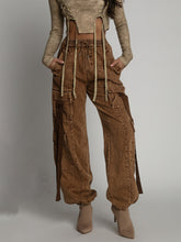 LIZAKOSHT - American Retro Washed Distressed Jeans Spring and Autumn Women's Fashion Niche Ribbon Design Multi-pocket Overalls