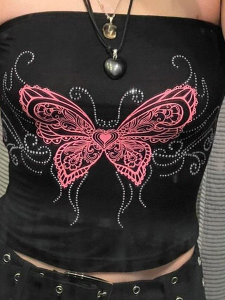 y2k 2024 Women Tube Top Sexy Y2g Women Top Butterfly Print Rhinestone