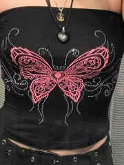 y2k 2024 Women Tube Top Sexy Y2g Women Top Butterfly Print Rhinestone