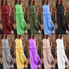 LIZAKOSHT - 2024 Summer European and American Women's Clothing Trend Retro Round Neck Sleeveless Slit Solid Color Two-piece Dress