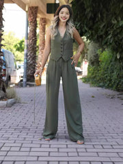 LIZAKOSHT - Women's Button Front V Neck Vest & Elastic Waist Pants Set, Casual Sleeveless Top & Wide Leg Trousers for Summer, Ladies Clothes for Daily Wear, Women Clothing, 2 Piece Set Women