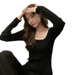 fall outfits 2024 Contrast Color Trim Slim Long Sleeve Knit