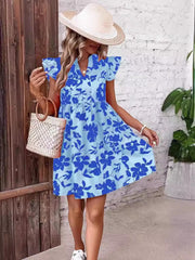 LIZAKOSHT - Women's Floral Ruched Ruffle Hem Smock Dress, Casual Butterfly Sleeve Notched Neck Short Sundress, Summer Dresses 2024, Dresses for Women, Sundresses 2024, Ladies Clothes for Beach Holiday Vacation