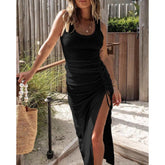 LIZAKOSHT - Chicme Ribbed Sleeveless Drawstring Ruched High Slit Dress long dress