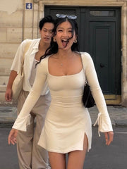 LIZAKOSHT - Women's Thin & Breathable Tie Side Long Sleeve Square Neck Split Mini Dress, Comfort Minimalist Bodycon Dress Womenswear Clothes, Summer Outfits 2024