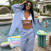 LIZAKOSHT - European and American Style Casual Loose Shirt and Trousers Suit for Women 2024 Summer New Striped Fashion Two-piece Suit Cross-border