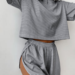 LIZAKOSHT - Women's Striped Print Drop Shoulder Tee & Wrap Split Shorts Pyjama Set, Casual Comfy Round Neck Short Sleeve T-shirt & Elastic Waist Shorts Pj Set, Summer Clothes, Ladies Sleepwear & Loungewear for All Seasons