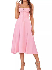 LIZAKOSHT - Women's Plain Ruched Lace Up Split Cami Dress, Elegant Tie Front Sleeveless Midi Dress for Summer, Fashion Women's Dress for Beach Holiday, Summer Clothes, Summer Outfits 2024