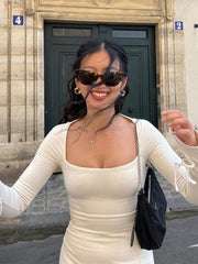 LIZAKOSHT - Women's Thin & Breathable Tie Side Long Sleeve Square Neck Split Mini Dress, Comfort Minimalist Bodycon Dress Womenswear Clothes, Summer Outfits 2024