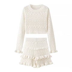 LIZAKOSHT - college halloween costume ideas Women's Spring and Summer Knitted Suit Break Sexy Hot Girl Long-Sleeved Short Top Hot Pants Two-Piece Set