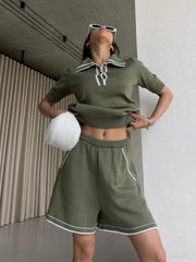 LIZAKOSHT - European and American 2024 Summer New Style Lapel Short Sleeve Simple Solid Color Loose Shorts Woolen Suit Female Leisure Two-piece Suit