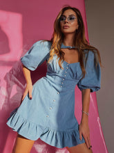 LIZAKOSHT - European and American Niche Puff Sleeve Short Sleeve Denim Skirt Women's Spring and Summer Style Waist Slim Ruffle Temperament Dress