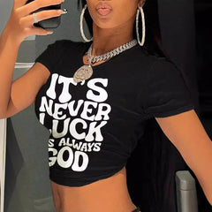 LIZAKOSHT - Women's Slogan Print Round Neck Crop Tee, Fashion Casual Crew Neck Skinny T-Shirt for Daily Holiday Vacation Outdoor Wear, Ladies Clothes for All Seasons