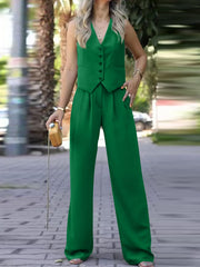LIZAKOSHT - Women's Button Front V Neck Vest & Elastic Waist Pants Set, Casual Sleeveless Top & Wide Leg Trousers for Summer, Ladies Clothes for Daily Wear, Women Clothing, 2 Piece Set Women