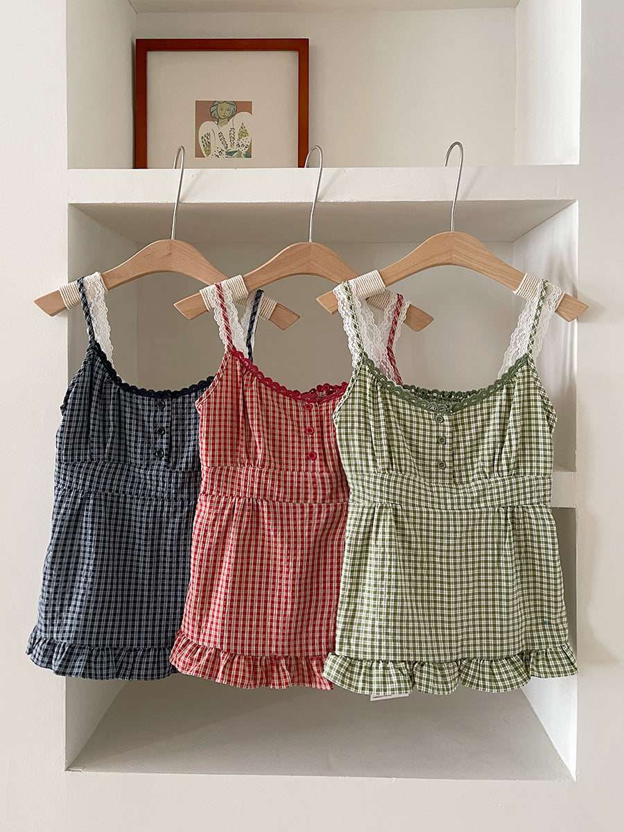 2000s fashion Fake Two-Piece Lace Stitching Summer Sweet Vest Retro Versatile Small Plaid Lace Waist-Tight Sling