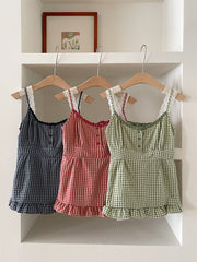 2000s fashion Fake Two-Piece Lace Stitching Summer Sweet Vest Retro Versatile Small Plaid Lace Waist-Tight Sling