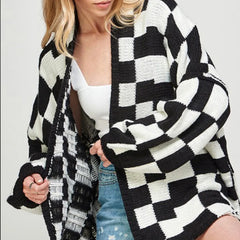 LIZAKOSHT - Women's Checkerboard Pattern Drop Shoulder Cardigan, Casual Long Sleeve Open Front Knitwear for Summer, Fashion Ladies' Knit Clothing for Daily Wear