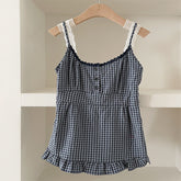 2000s fashion Fake Two-Piece Lace Stitching Summer Sweet Vest Retro Versatile Small Plaid Lace Waist-Tight Sling