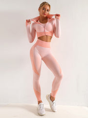 LIZAKOSHT - Women's Colorblock Zip Up Shapewear Set, Lady Casual Long Sleeve Crop Jacket & High Waist Leggings & Bra Suits for Outdoor Wear, Women's Comfort Shapewear Set for Spring & Fall & Summer, Womenswear