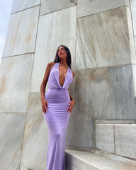 LIZAKOSHT - Women's Solid Backless Draped Tie Back Satin Dress, Fashion Halter Neck Sleeveless Long Dress for Evening Party, Ladies Summer Clothes