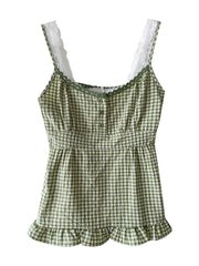 2000s fashion Fake Two-Piece Lace Stitching Summer Sweet Vest Retro Versatile Small Plaid Lace Waist-Tight Sling