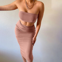 LIZAKOSHT - Women's 2 Counts Solid Backless Crop Tube Top & High Waist Skirt Set, Sleeveless Strapless Top & Bodycon Skirt Set for Party Club Dating, Ladies Summer Clothes