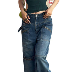 2000s fashion Patchwork Blue Wash Baggy Cargo Jeans