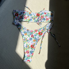 dress to impress 2024 New Floral Color Matching Lace-up Tube Top Small Fresh Sexy Swimsuit Bikini Bikini