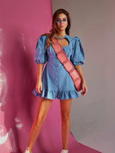 LIZAKOSHT - European and American Niche Puff Sleeve Short Sleeve Denim Skirt Women's Spring and Summer Style Waist Slim Ruffle Temperament Dress