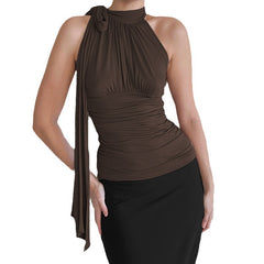 LIZAKOSHT - French Elegant Solid Color One-shoulder Neck Pleated Lace-up T-shirt