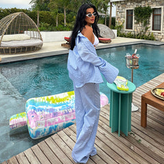 LIZAKOSHT - European and American Style Casual Loose Shirt and Trousers Suit for Women 2024 Summer New Striped Fashion Two-piece Suit Cross-border