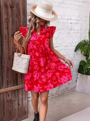 LIZAKOSHT - Women's Floral Ruched Ruffle Hem Smock Dress, Casual Butterfly Sleeve Notched Neck Short Sundress, Summer Dresses 2024, Dresses for Women, Sundresses 2024, Ladies Clothes for Beach Holiday Vacation