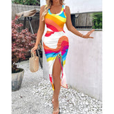 LIZAKOSHT - Chicme Ribbed Sleeveless Drawstring Ruched High Slit Dress long dress