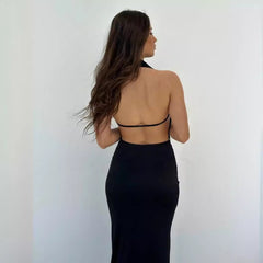 LIZAKOSHT - Women's Solid Backless Draped Tie Back Satin Dress, Fashion Halter Neck Sleeveless Long Dress for Evening Party, Ladies Summer Clothes