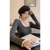 fall outfits 2024 Contrast Color Trim Slim Long Sleeve Knit