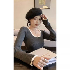 fall outfits 2024 Contrast Color Trim Slim Long Sleeve Knit